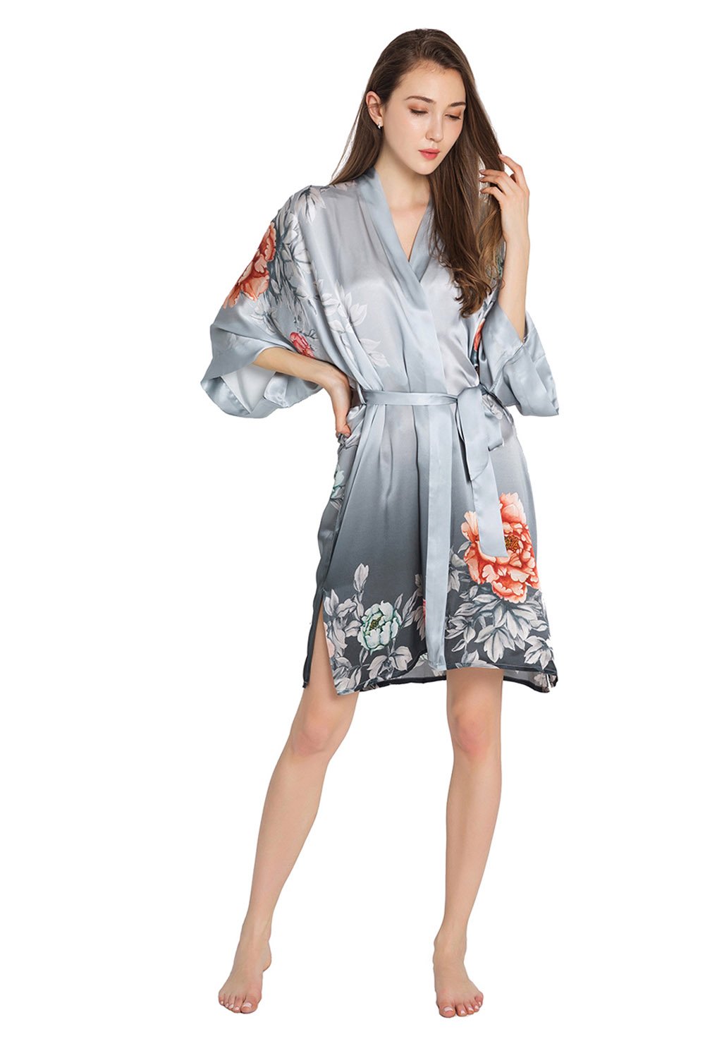 KIM+ONO Luxury 100% Mulberry Silk Kimono Robe for Women | Short Floral Robe | Original Design | Removable Waist Tie Closure