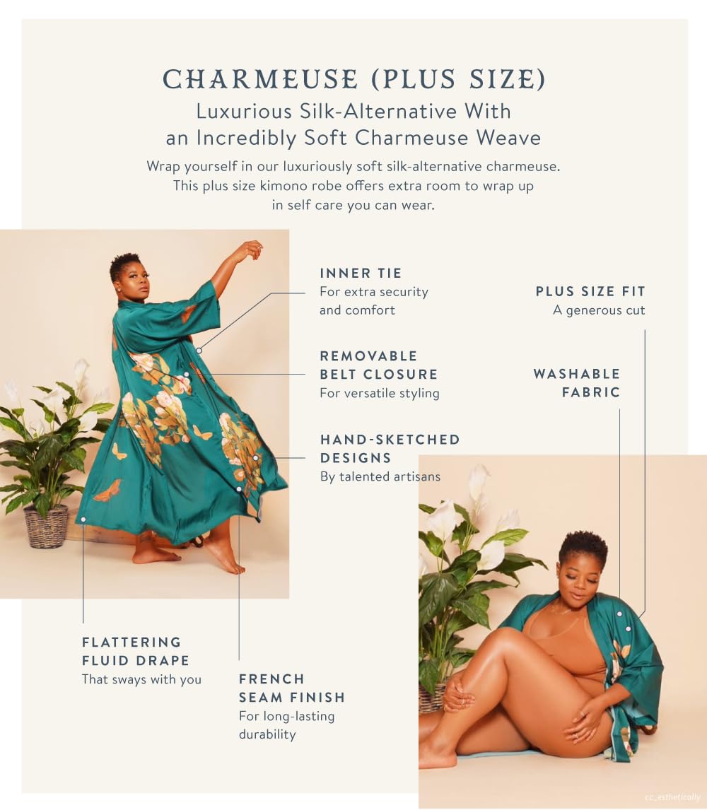 KIM+ONO Plus Size Luxury Kimono Robe for Women | Short Floral Robe | Original Design | Removable Waist Tie Closure - Image 2