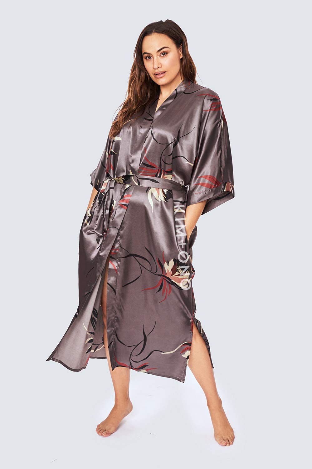 KIM+ONO Plus Size Luxury Kimono Robe for Women | Long Satin Floral Robe | Original Design | Removable Waist Tie Closure - Image 3