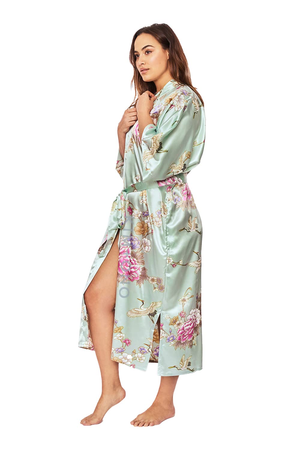 KIM+ONO Plus Size Luxury Kimono Robe for Women | Long Satin Floral Robe | Chrysanthemum & Crane Mist | Original Design