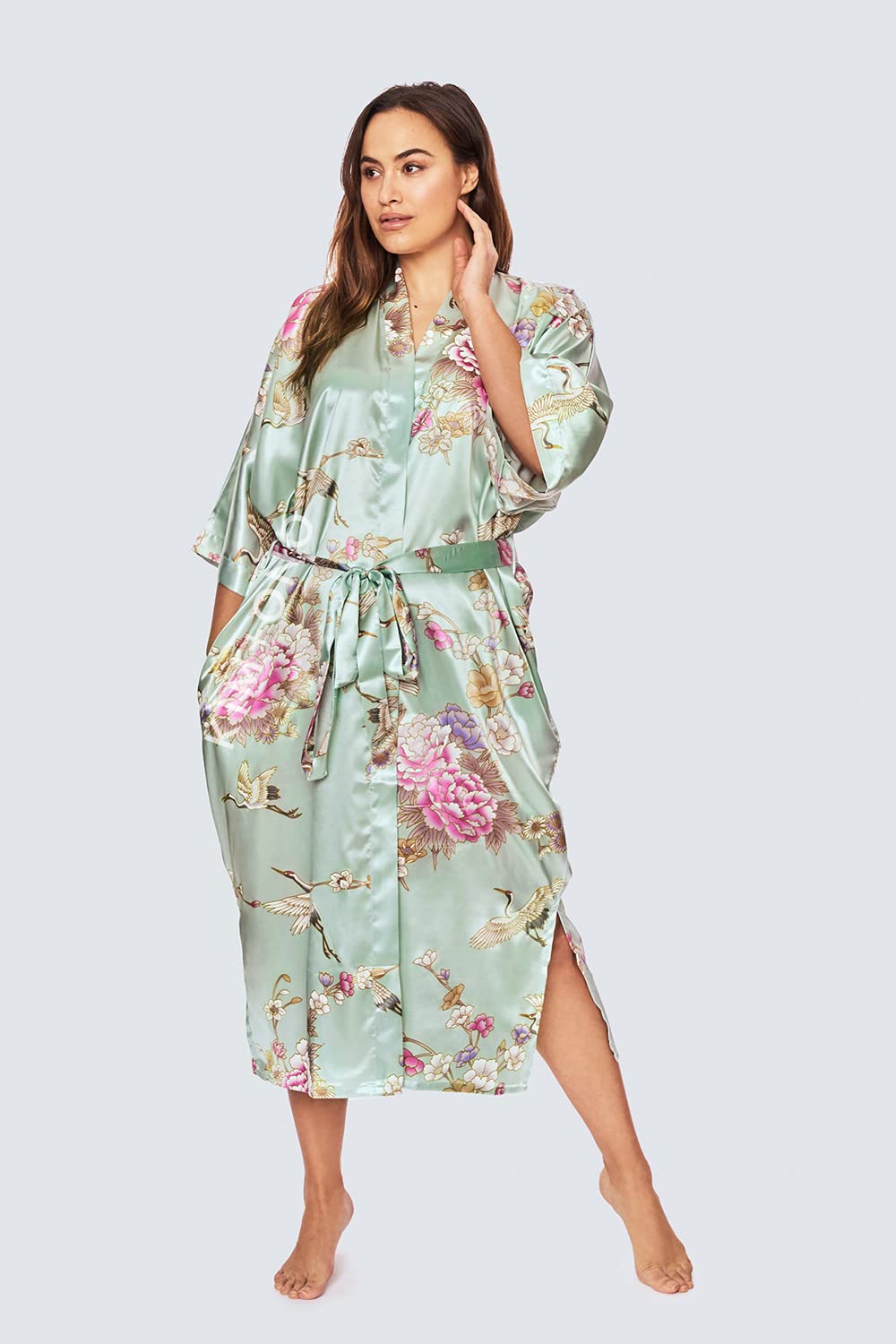KIM+ONO Plus Size Luxury Kimono Robe for Women | Long Satin Floral Robe | Chrysanthemum & Crane Mist | Original Design - Image 3