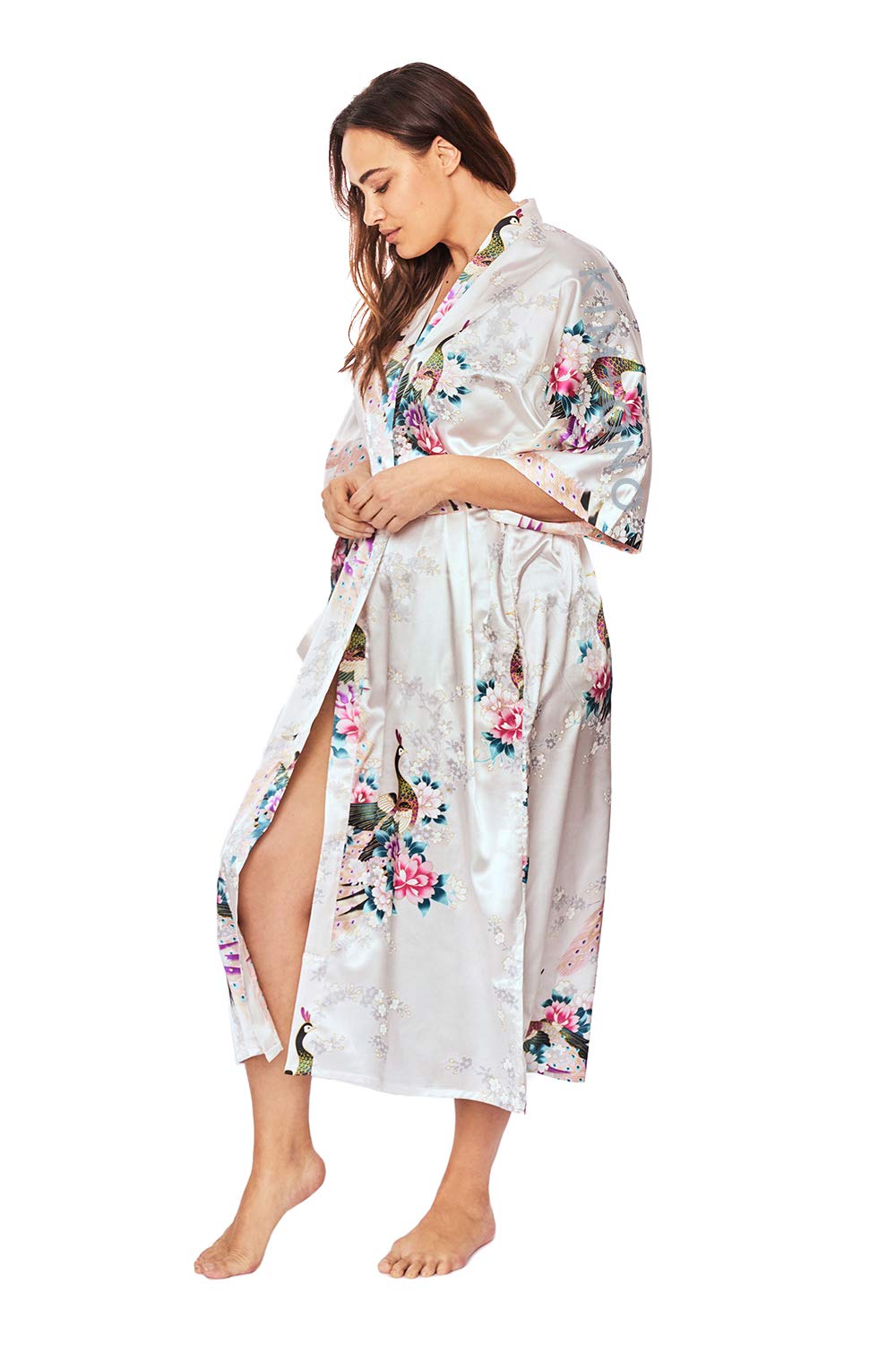 KIM+ONO Plus Size Luxury Kimono Robe for Women | Long Satin Floral Robe | Original Design | Removable Waist Tie Closure