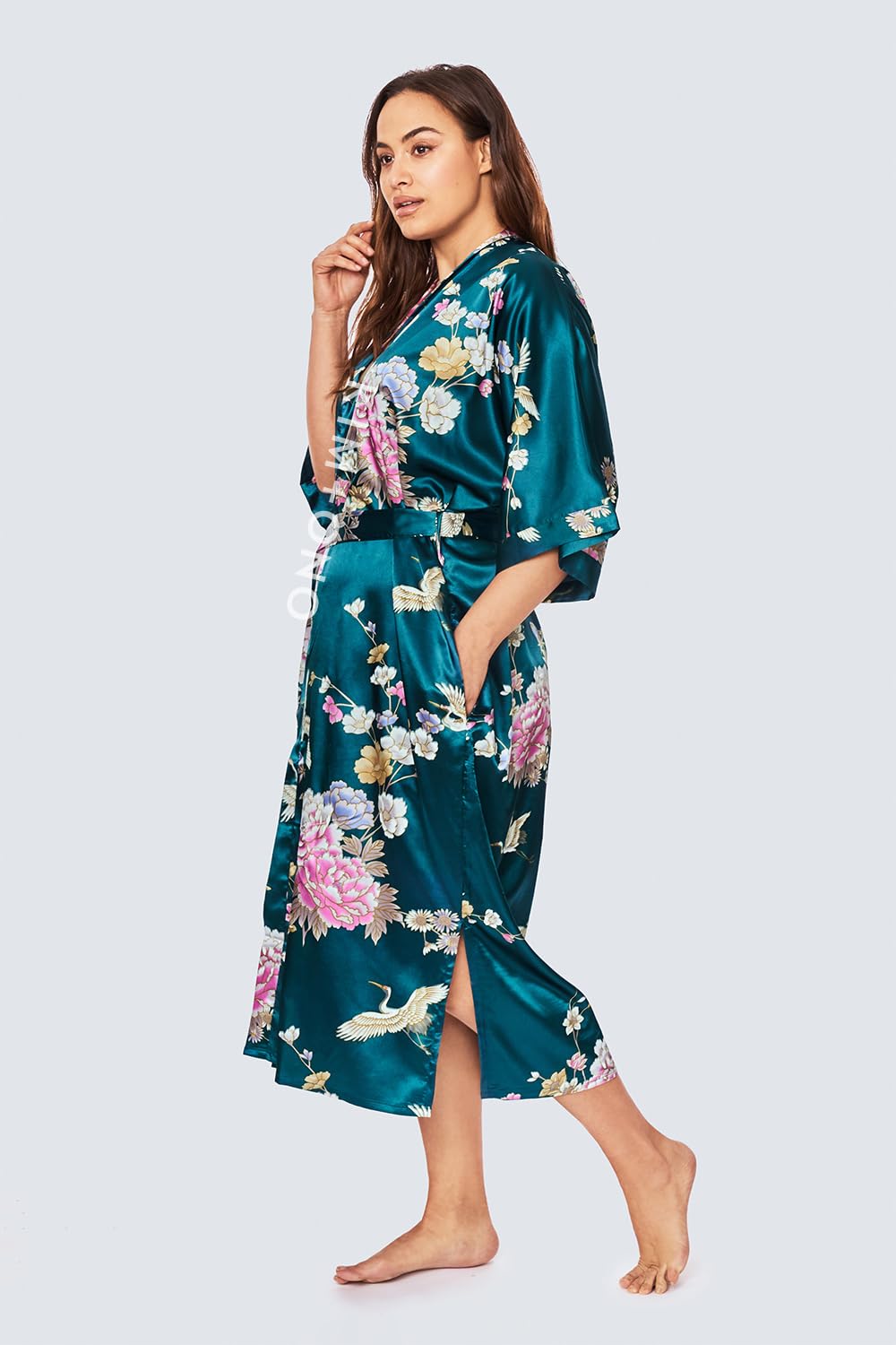 KIM+ONO Plus Size Luxury Kimono Robe for Women | Long Satin Floral Robe | Original Design | Removable Waist Tie Closure - Image 4