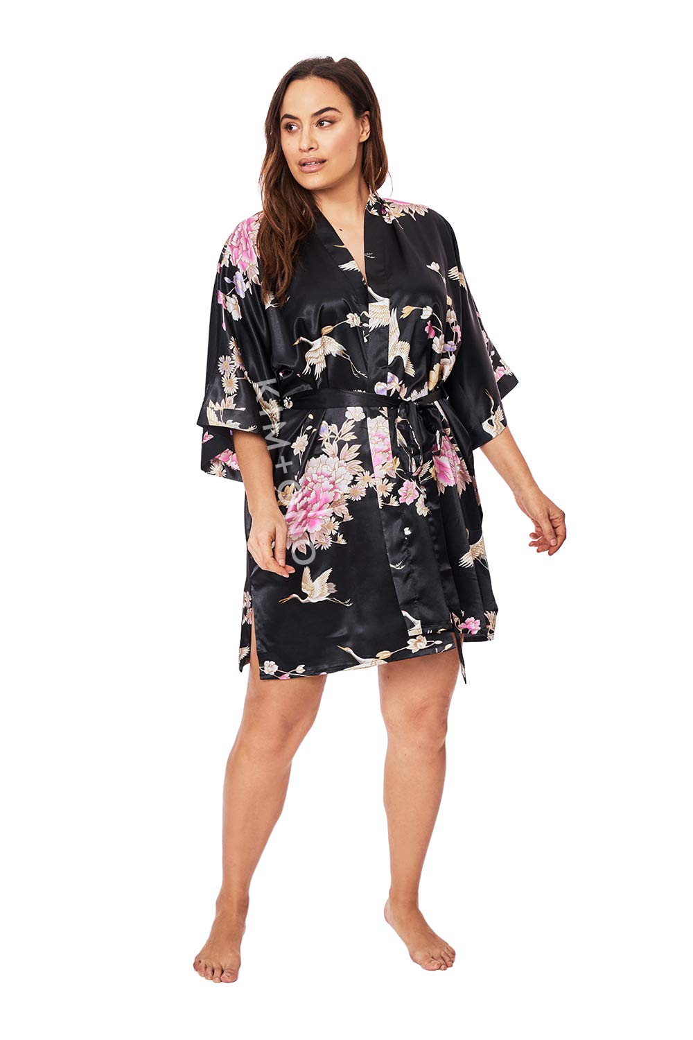 KIM+ONO Plus Size Luxury Kimono Robe for Women | Short Satin Floral Robe | Chrysanthemum & Crane Black | Original Design
