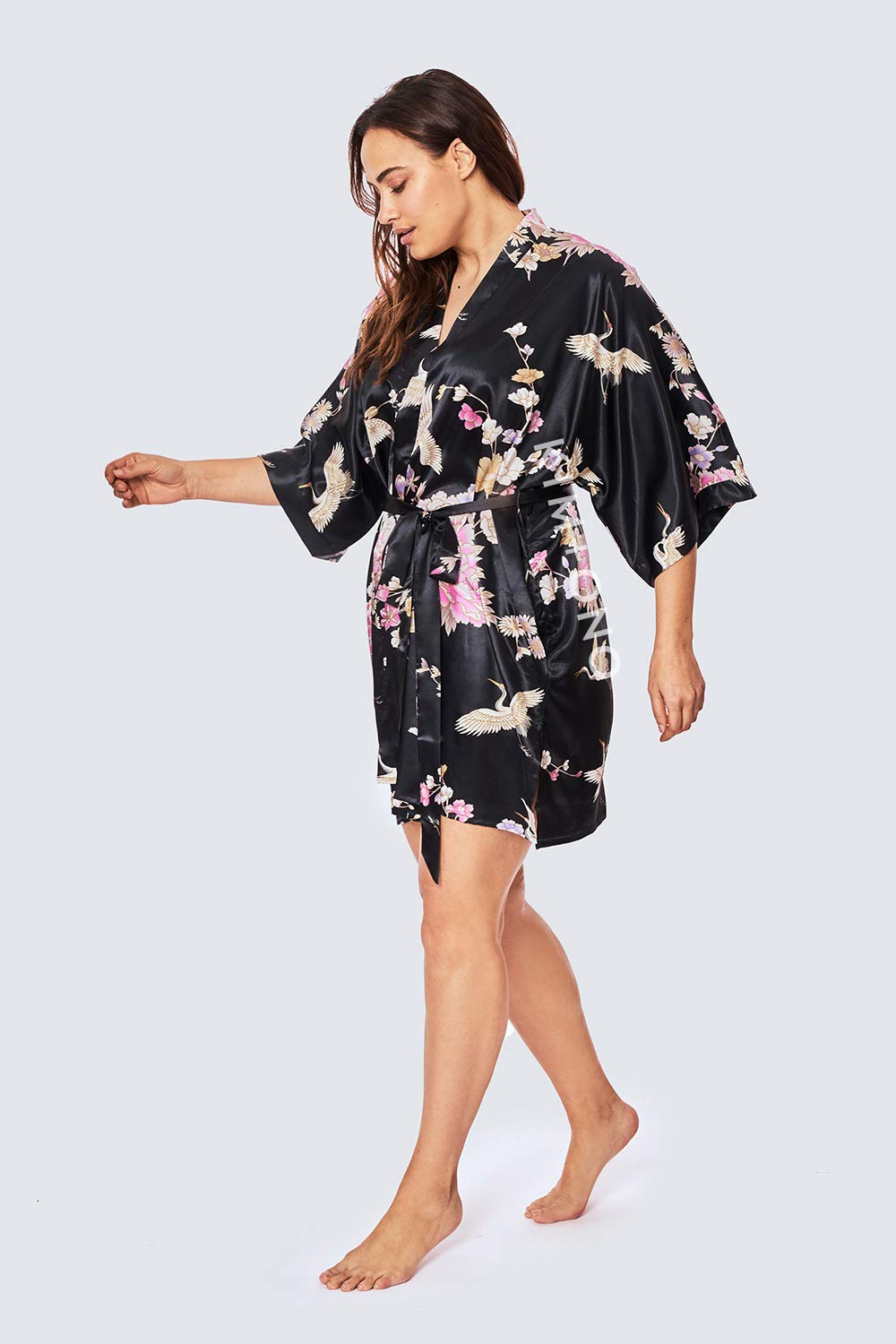 KIM+ONO Plus Size Luxury Kimono Robe for Women | Short Satin Floral Robe | Chrysanthemum & Crane Black | Original Design - Image 4