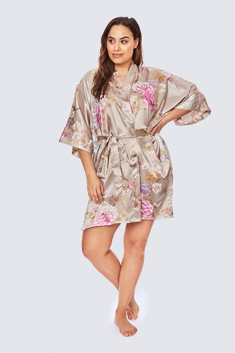 KIM+ONO Plus Size Luxury Kimono Robe for Women | Short Satin Floral Robe | Chrysanthemum & Crane Willow | Original Design - Image 3