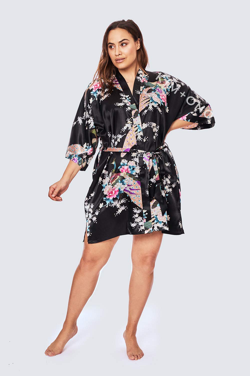 KIM+ONO Plus Size Luxury Kimono Robe for Women | Short Satin Floral Robe | Peacock & Blossoms Black | Original Design - Image 3
