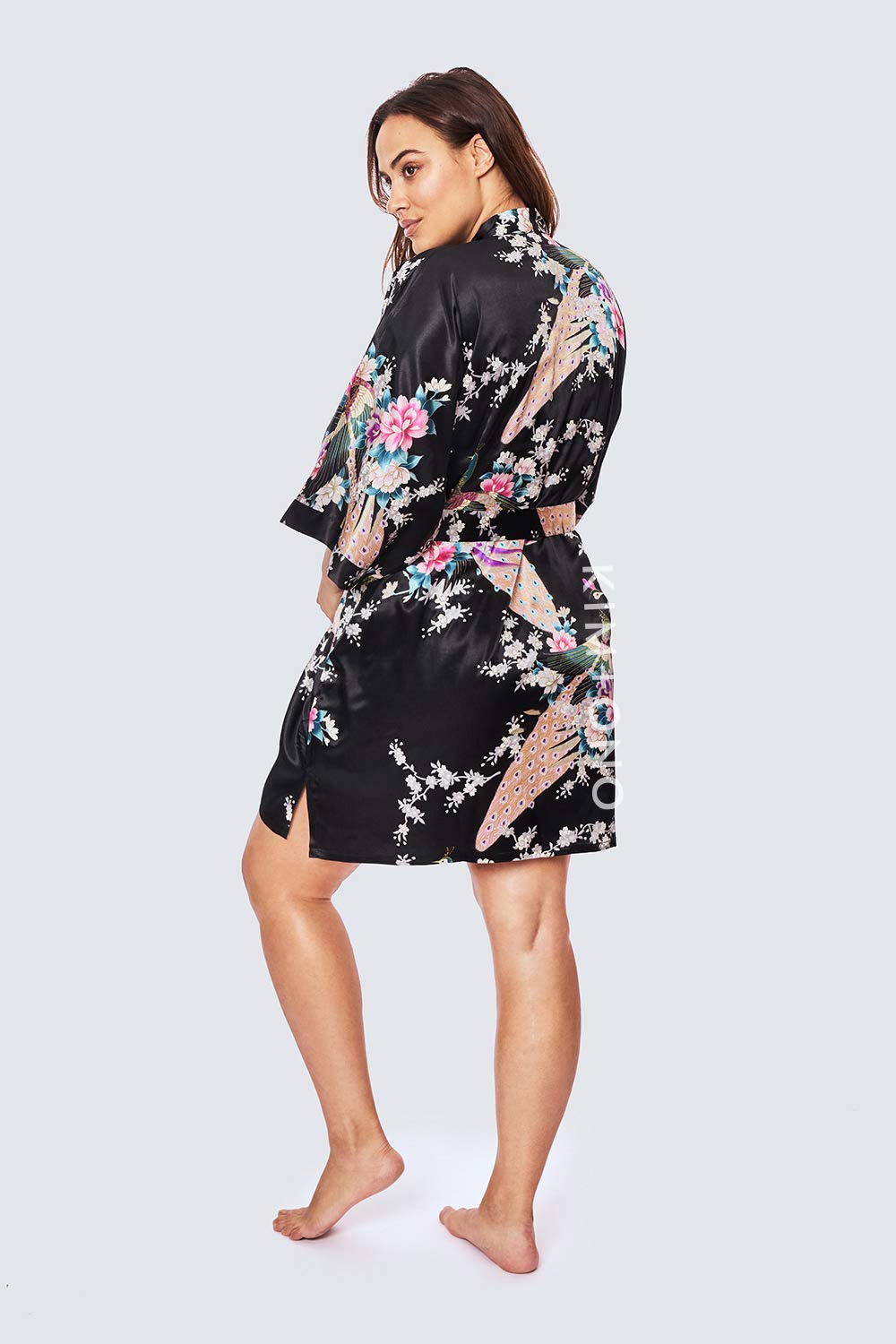 KIM+ONO Plus Size Luxury Kimono Robe for Women | Short Satin Floral Robe | Peacock & Blossoms Black | Original Design - Image 4