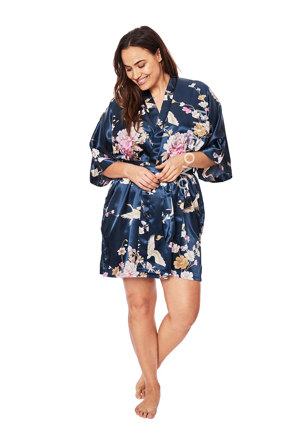KIM+ONO Plus Size Luxury Kimono Robe for Women | Short Satin Floral Robe | Chrysanthemum & Crane Navy | Original Design