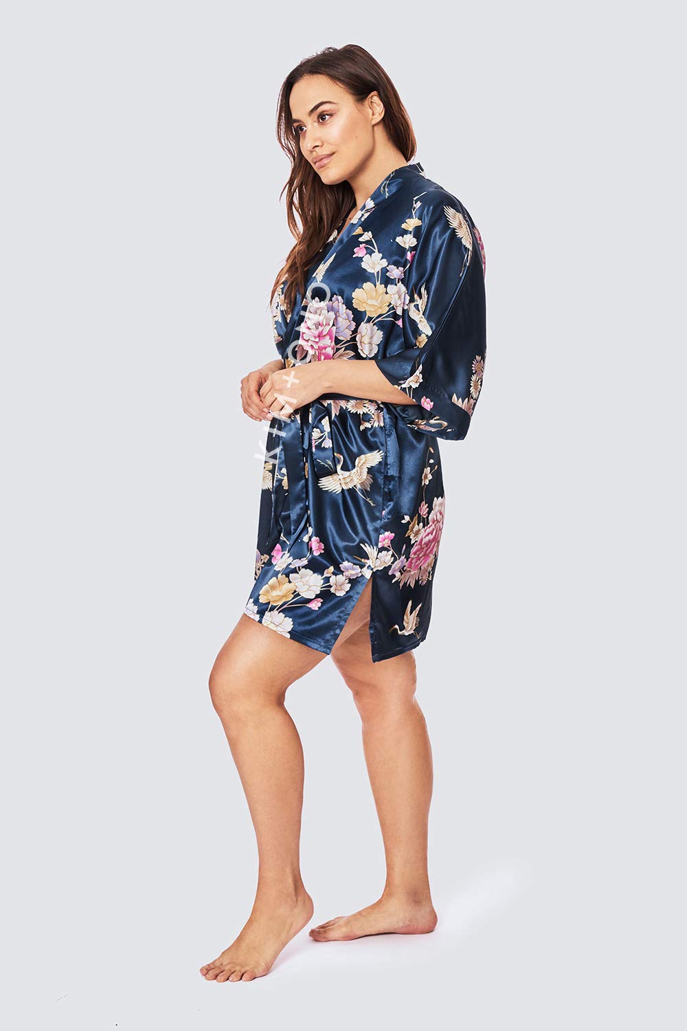 KIM+ONO Plus Size Luxury Kimono Robe for Women | Short Satin Floral Robe | Chrysanthemum & Crane Navy | Original Design - Image 4