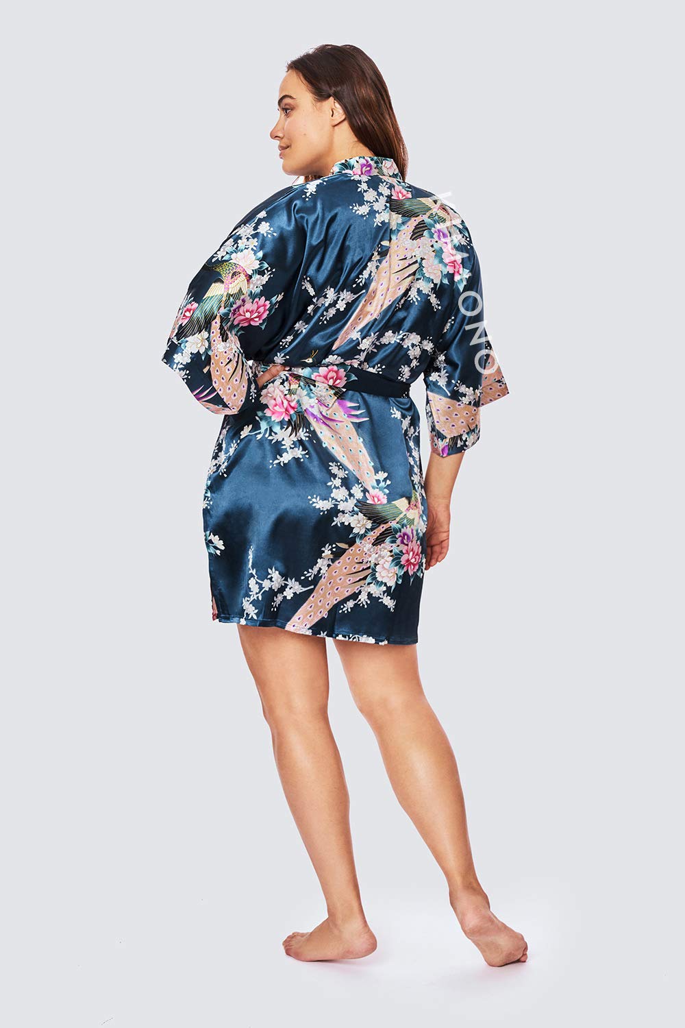 KIM+ONO Plus Size Luxury Kimono Robe for Women | Short Satin Floral Robe | Peacock & Blossoms Sapphire | Original Design - Image 3