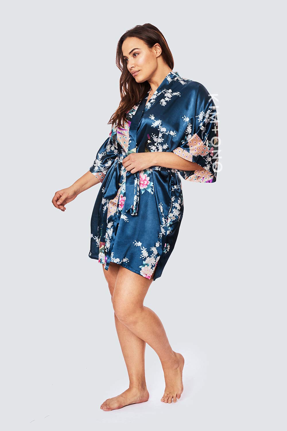 KIM+ONO Plus Size Luxury Kimono Robe for Women | Short Satin Floral Robe | Peacock & Blossoms Sapphire | Original Design - Image 4