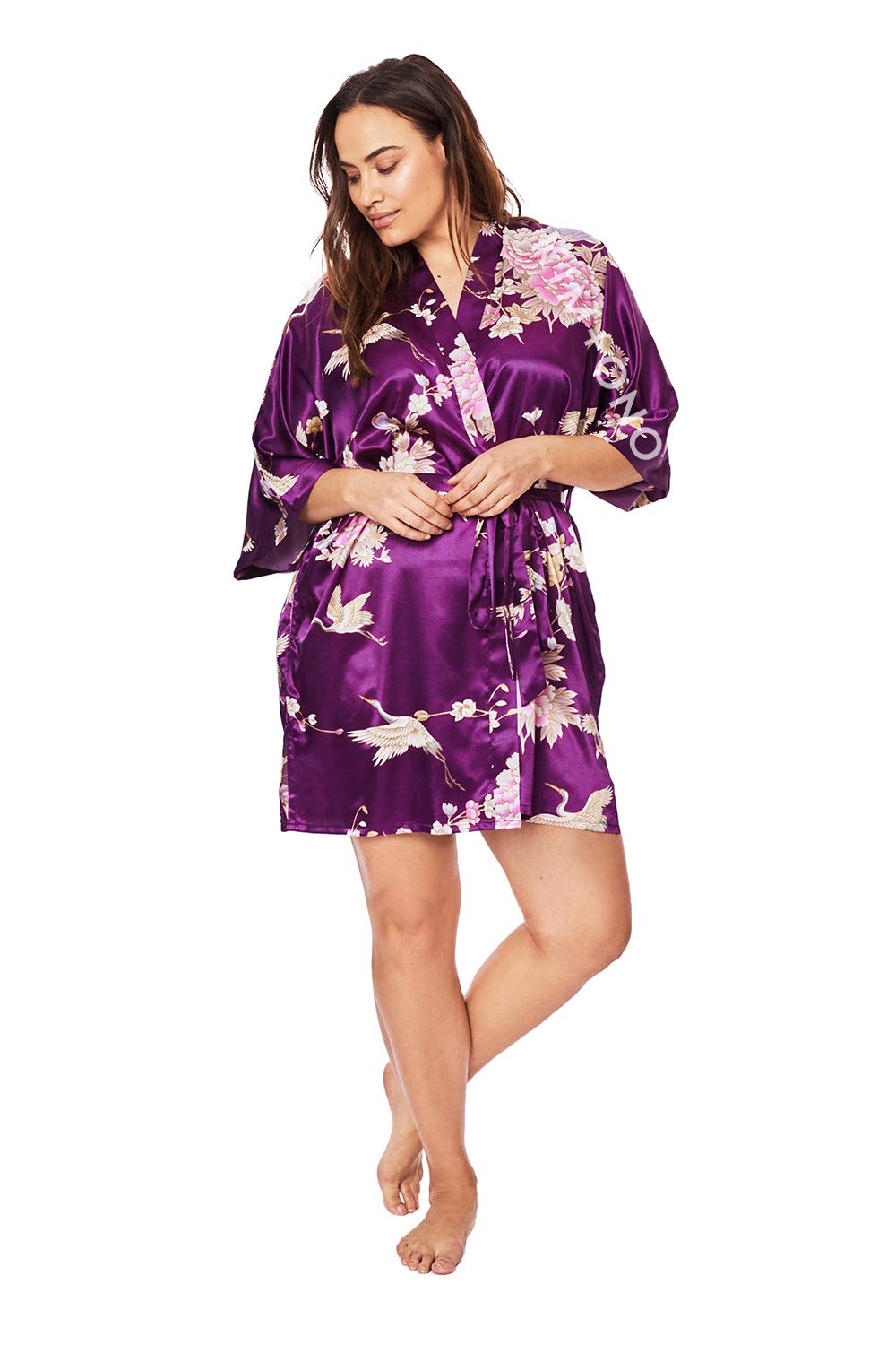 KIM+ONO Plus Size Luxury Kimono Robe for Women | Short Satin Floral Robe | Chrysanthemum & Crane Plum | Original Design