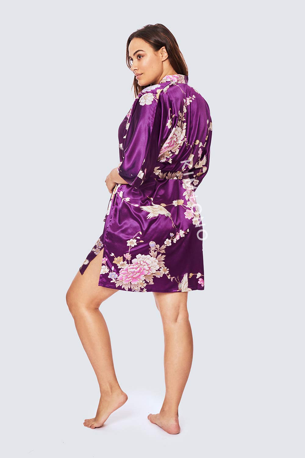 KIM+ONO Plus Size Luxury Kimono Robe for Women | Short Satin Floral Robe | Chrysanthemum & Crane Plum | Original Design - Image 3