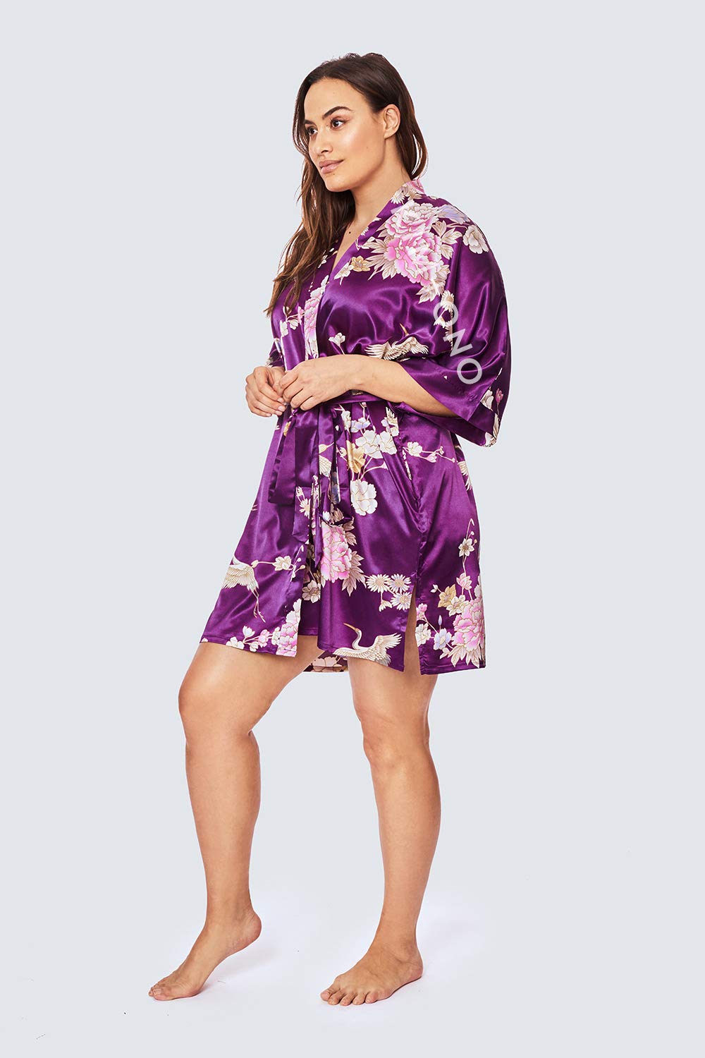 KIM+ONO Plus Size Luxury Kimono Robe for Women | Short Satin Floral Robe | Chrysanthemum & Crane Plum | Original Design - Image 4