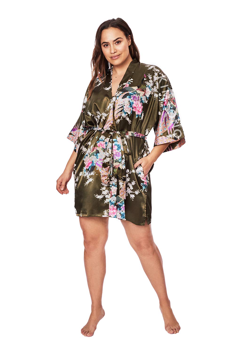 KIM+ONO Plus Size Luxury Kimono Robe for Women | Short Satin Floral Robe | Peacock & Blossoms Caper | Original Design