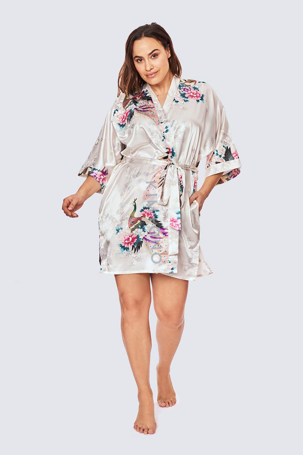 KIM+ONO Plus Size Luxury Kimono Robe for Women | Short Satin Floral Robe | Peacock & Blossoms White | Original Design - Image 3