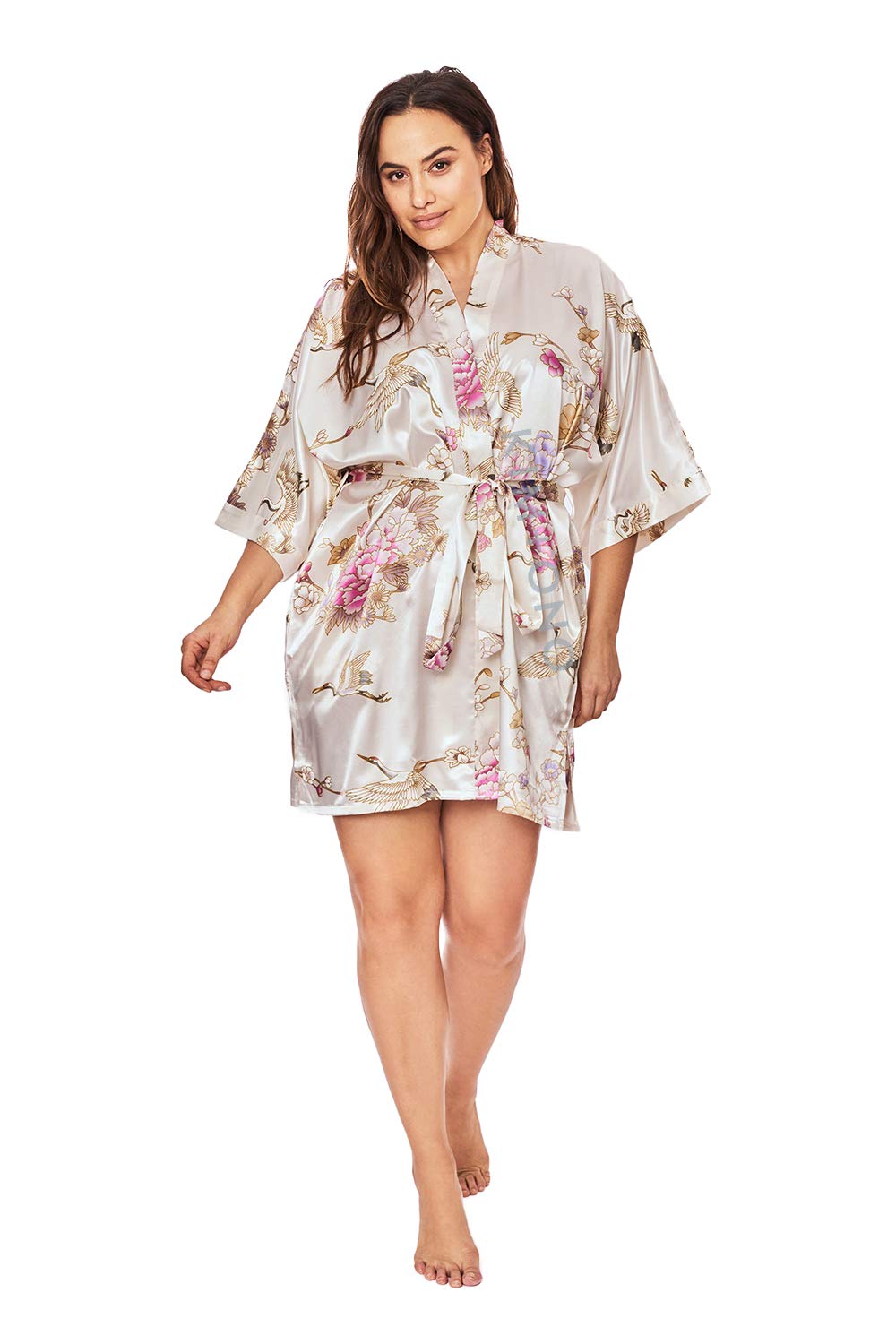 KIM+ONO Plus Size Luxury Kimono Robe for Women | Short Satin Floral Robe | Chrysanthemum & Crane White | Original Design