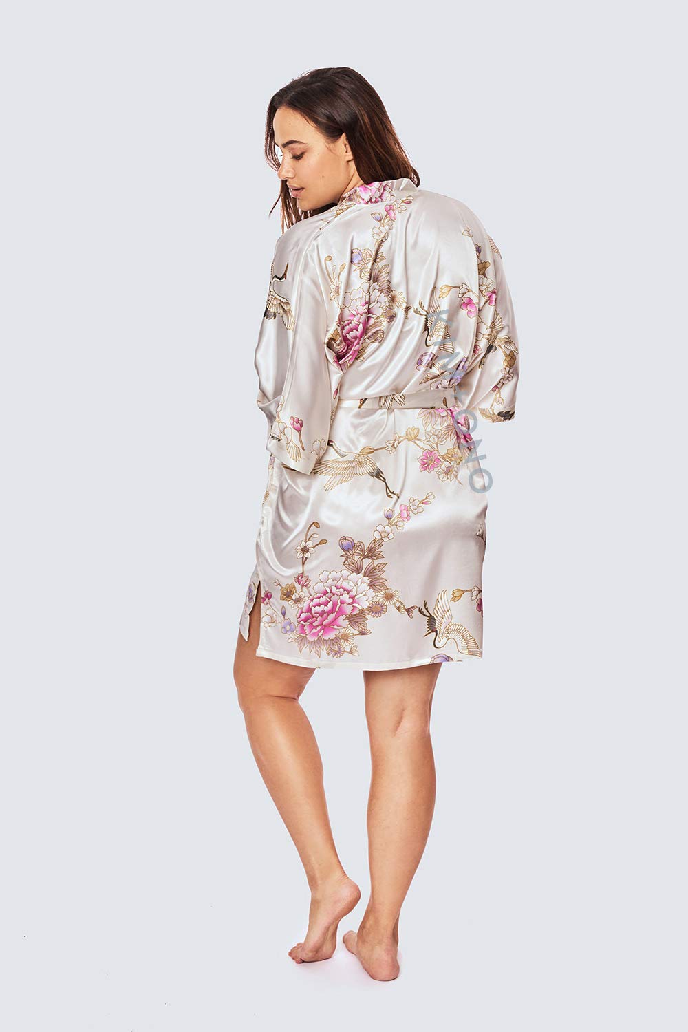 KIM+ONO Plus Size Luxury Kimono Robe for Women | Short Satin Floral Robe | Chrysanthemum & Crane White | Original Design - Image 3