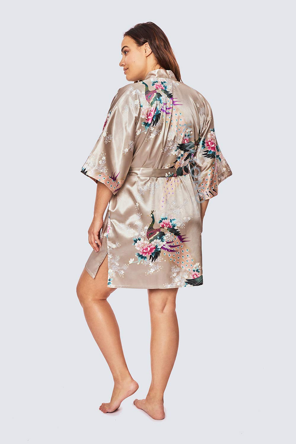 KIM+ONO Plus Size Luxury Kimono Robe for Women | Short Satin Floral Robe | Peacock & Blossoms Willow | Original Design - Image 4