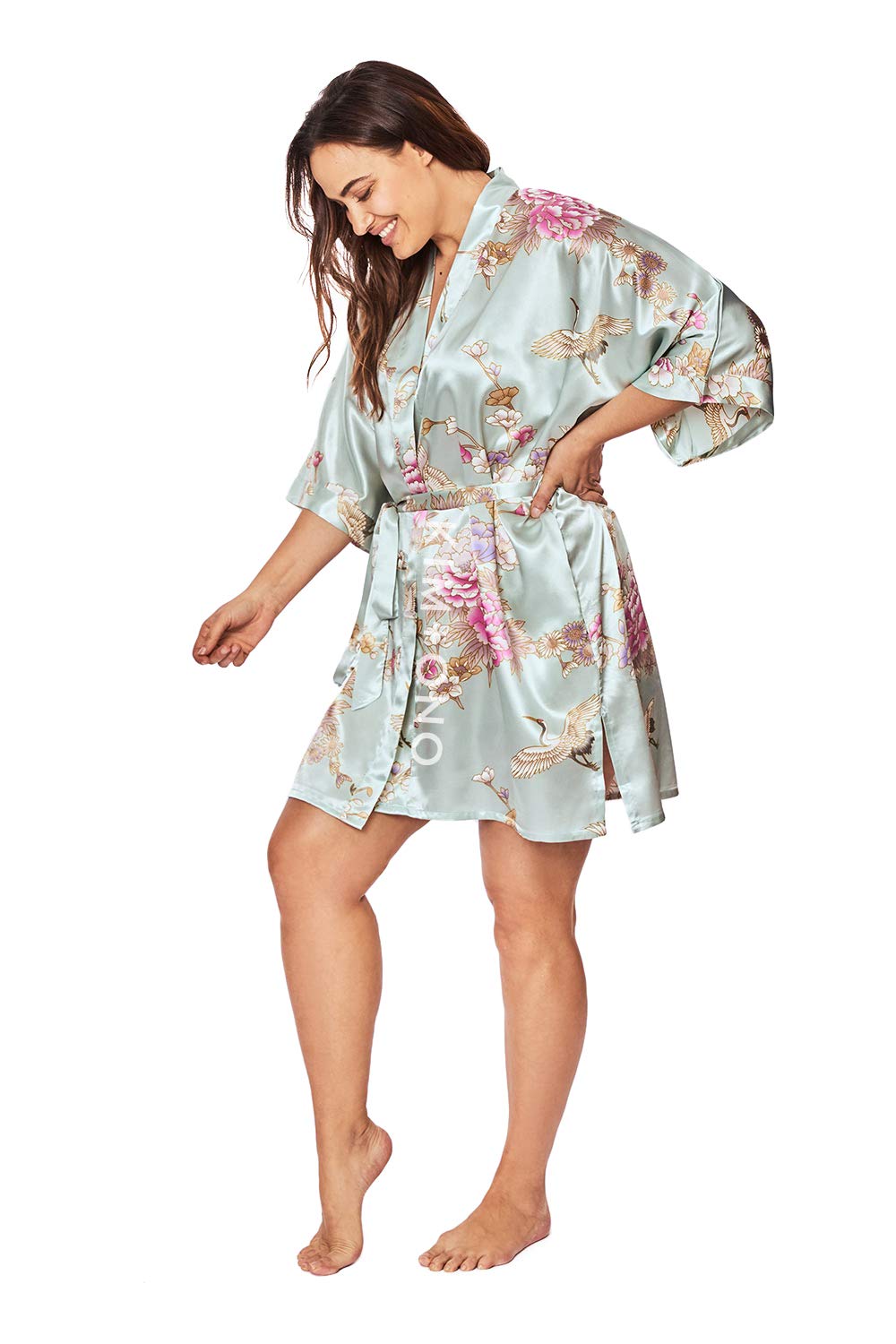KIM+ONO Plus Size Luxury Kimono Robe for Women | Short Satin Floral Robe | Chrysanthemum & Crane Mist | Original Design