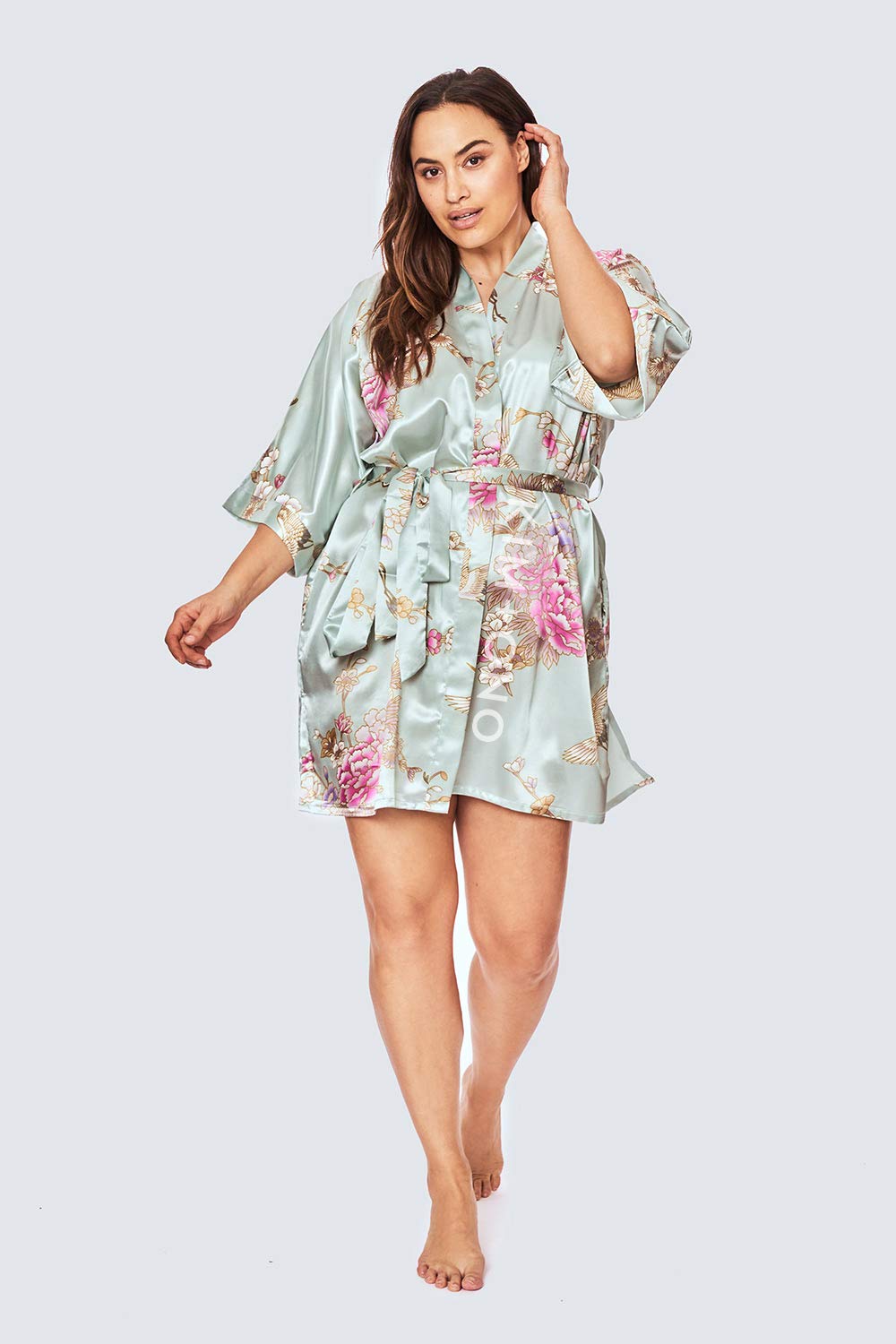 KIM+ONO Plus Size Luxury Kimono Robe for Women | Short Satin Floral Robe | Chrysanthemum & Crane Mist | Original Design - Image 3