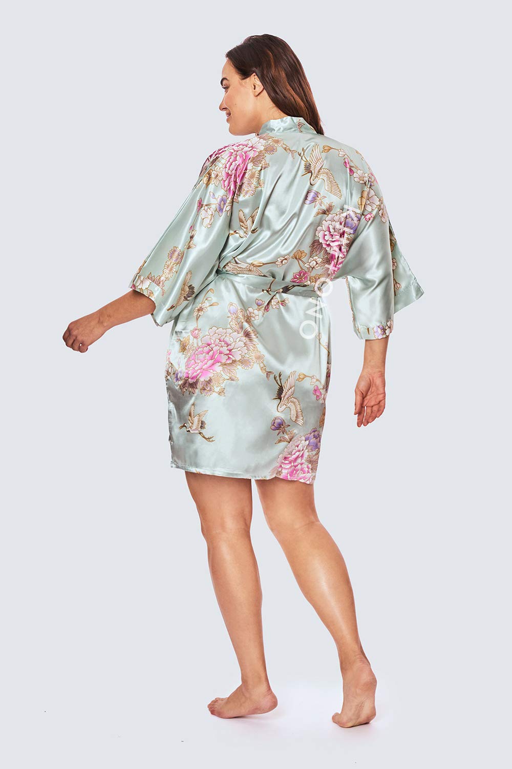 KIM+ONO Plus Size Luxury Kimono Robe for Women | Short Satin Floral Robe | Chrysanthemum & Crane Mist | Original Design - Image 4